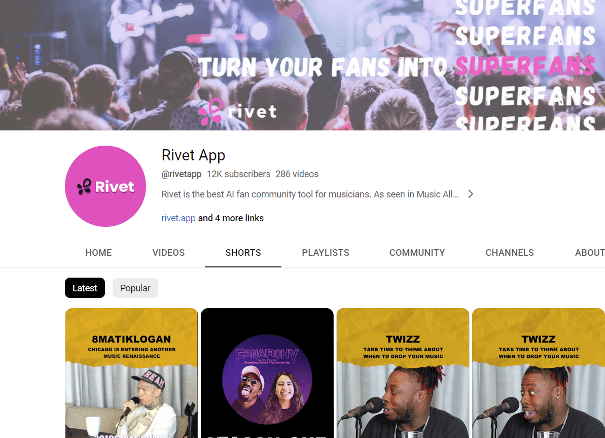 Rivet YouTube - before (12K subscribers)