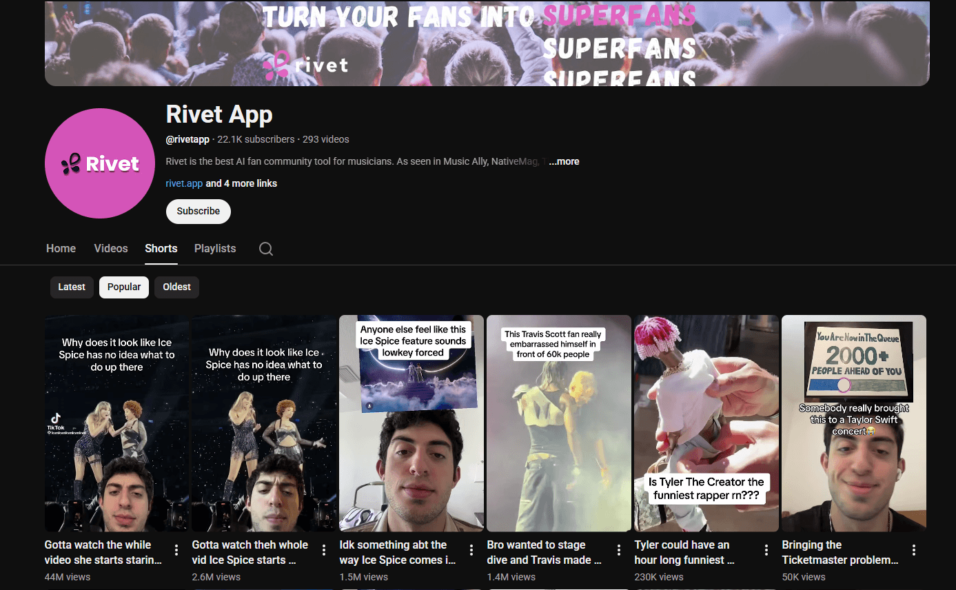 Rivet YouTube - after (22K+ subscribers)